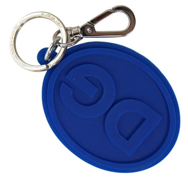 Dolce & Gabbana Blue Rubber DG Logo Silver Brass Metal Keyring Keychain