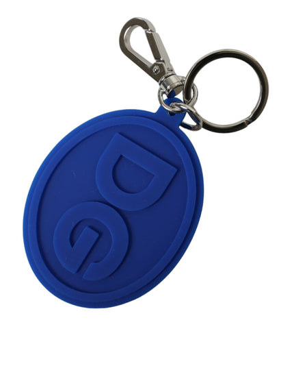 Dolce & Gabbana Blue Rubber DG Logo Silver Brass Metal Keyring Keychain