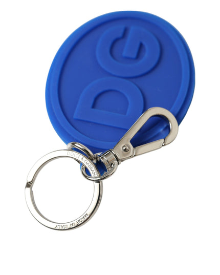 Dolce & Gabbana Blue Rubber DG Logo Silver Brass Metal Keyring Keychain
