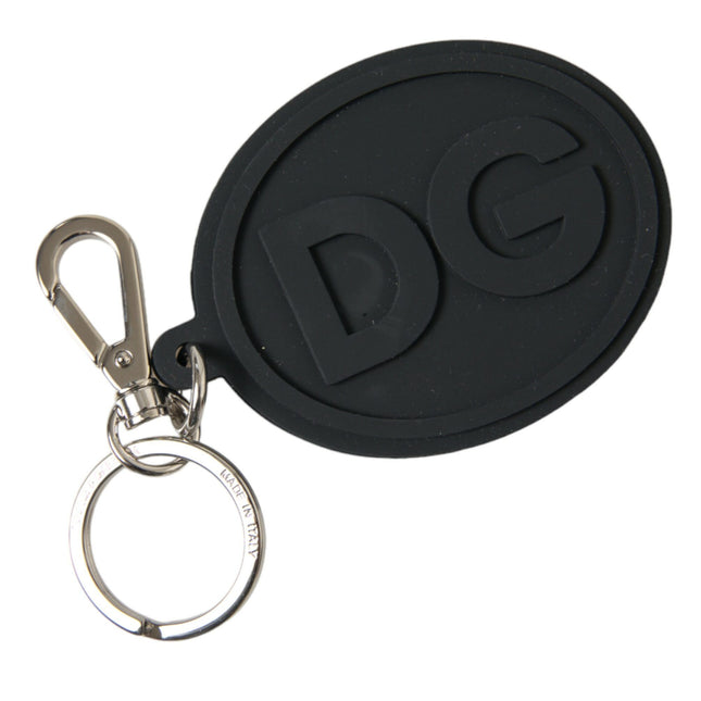 Dolce & Gabbana Black Rubber DG Logo Silver Brass Metal Keyring Keychain