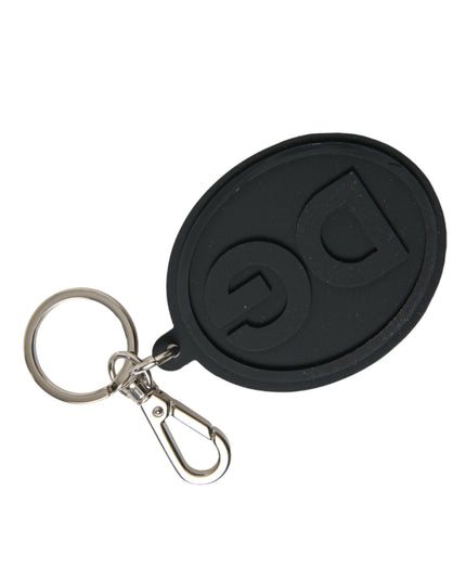 Dolce & Gabbana Black Rubber DG Logo Silver Brass Metal Keyring Keychain