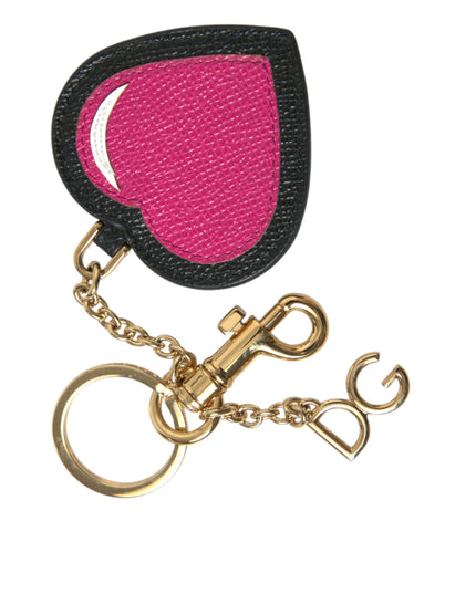 Dolce & Gabbana Pink Black Heart Leather Gold Tone Brass Keyring Keychain