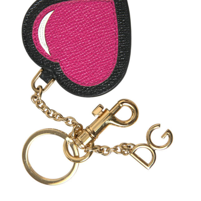 Dolce & Gabbana Pink Black Heart Leather Gold Tone Brass Keyring Keychain