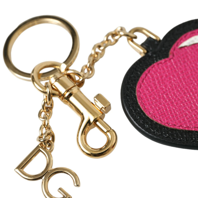 Dolce & Gabbana Pink Black Heart Leather Gold Tone Brass Keyring Keychain