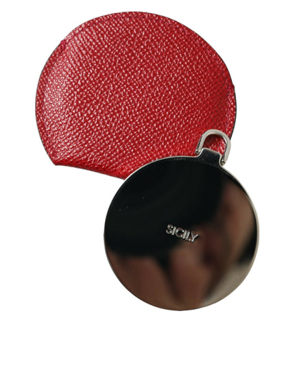 Dolce & Gabbana Red Calfskin Leather Round Logo Hand Mirror Holder