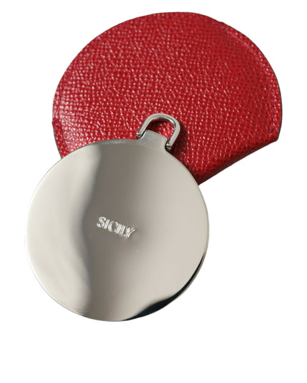 Dolce & Gabbana Red Calfskin Leather Round Logo Hand Mirror Holder