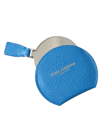 Dolce & Gabbana Blue Calfskin Leather Round Logo Hand Mirror Holder