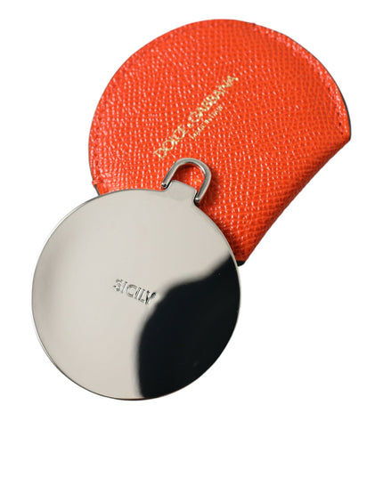 Dolce & Gabbana Orange Calfskin Leather Round Logo Hand Mirror Holder