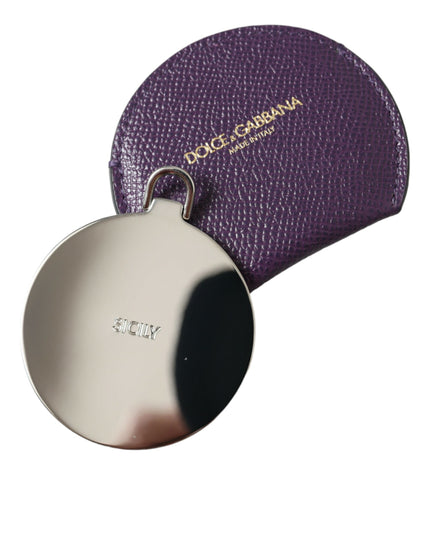 Dolce & Gabbana Purple Calfskin Leather Round Logo Hand Mirror Holder