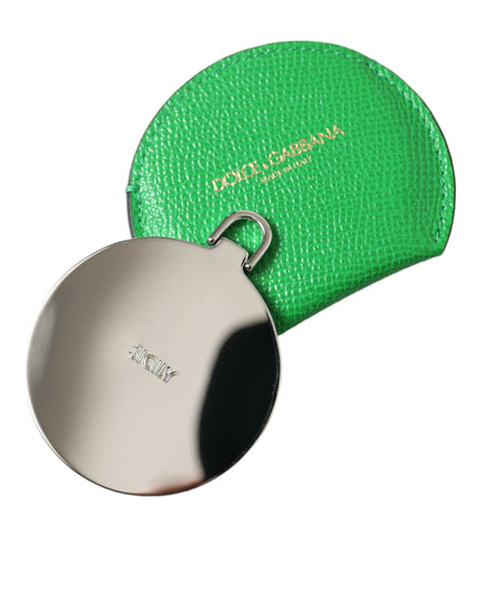 Dolce & Gabbana Green Calfskin Leather Round Logo Hand Mirror Holder