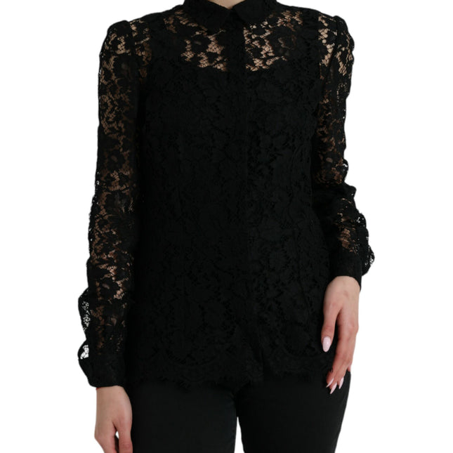 Dolce & Gabbana Black Floral Lace Long Sleeves Blouse Top