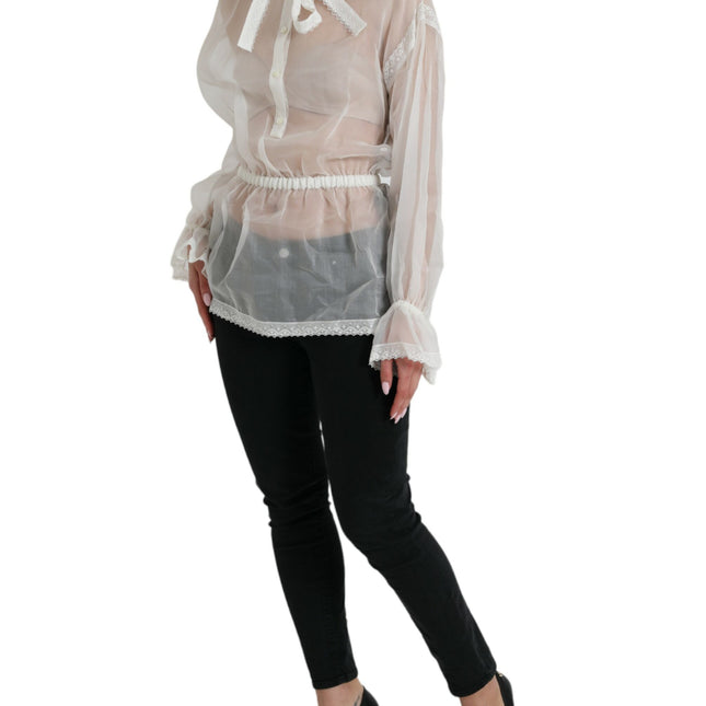 Dolce & Gabbana White Silk Long Sleeves Ascot Collar Top