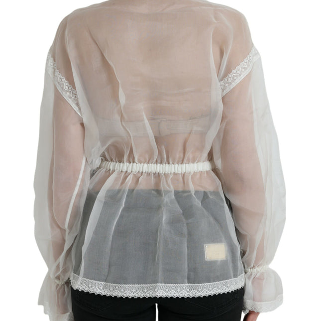 Dolce & Gabbana White Silk Long Sleeves Ascot Collar Top