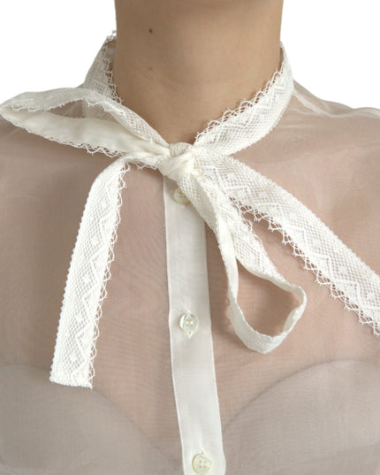 Dolce & Gabbana White Silk Long Sleeves Ascot Collar Top