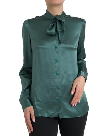 Dolce & Gabbana Dark Green Silk Ascot Collar Blouse Top