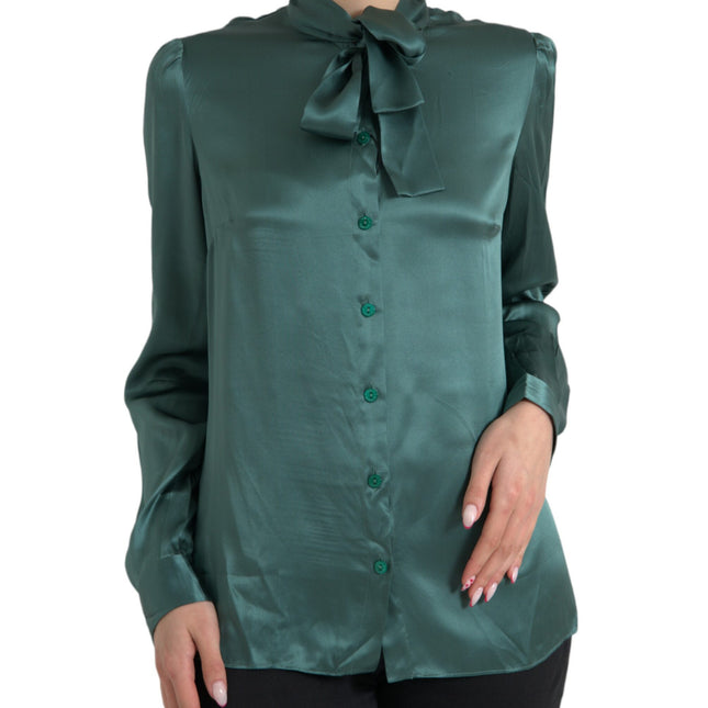 Dolce & Gabbana Dark Green Silk Ascot Collar Blouse Top