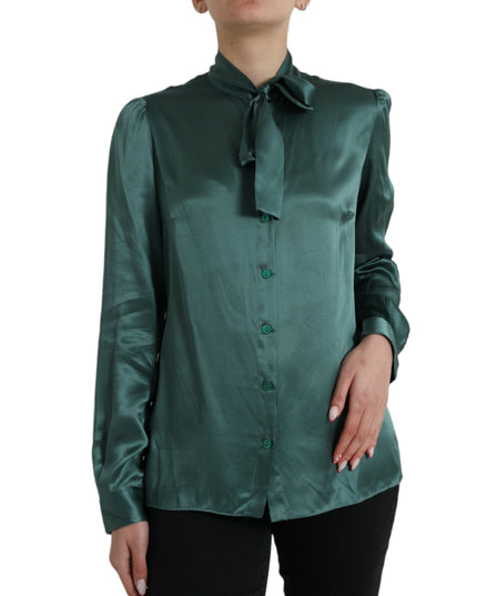 Dolce & Gabbana Dark Green Silk Ascot Collar Blouse Top