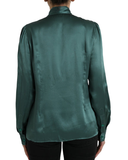 Dolce & Gabbana Dark Green Silk Ascot Collar Blouse Top