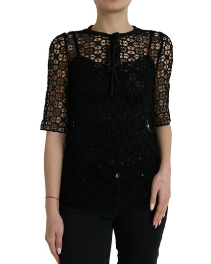 Dolce & Gabbana Black Floral Lace Short Sleeves Blouse Top