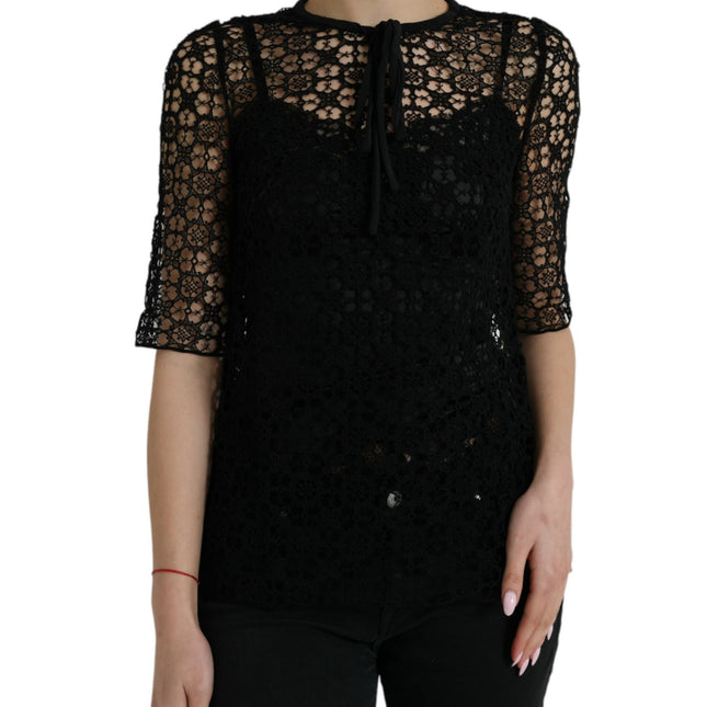 Dolce & Gabbana Black Floral Lace Short Sleeves Blouse Top