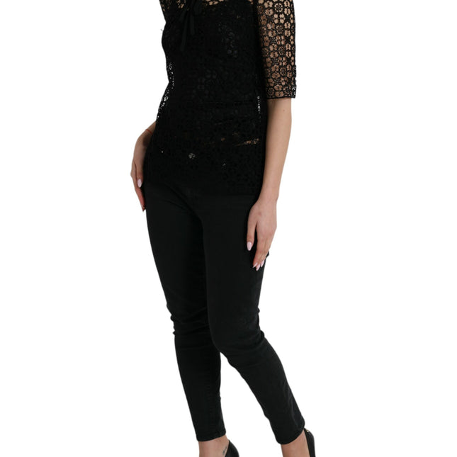 Dolce & Gabbana Black Floral Lace Short Sleeves Blouse Top