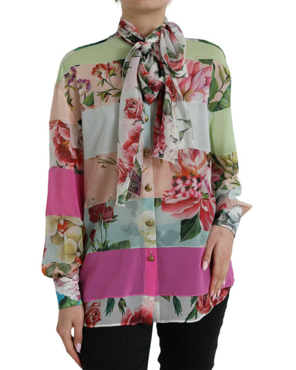 Dolce & Gabbana Multicolor Floral Patchwork Ascot Collar Top
