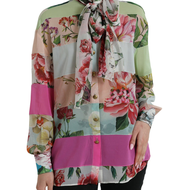 Dolce & Gabbana Multicolor Floral Patchwork Ascot Collar Top