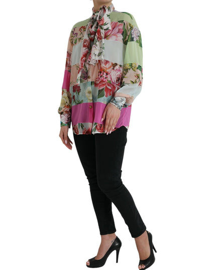 Dolce & Gabbana Multicolor Floral Patchwork Ascot Collar Top
