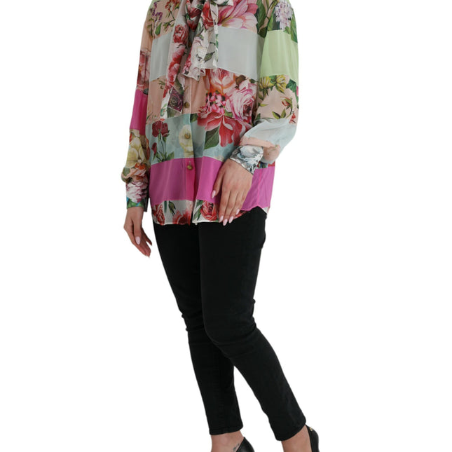 Dolce & Gabbana Multicolor Floral Patchwork Ascot Collar Top