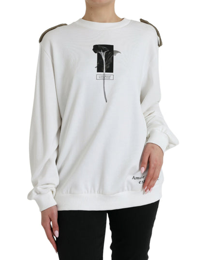 Dolce & Gabbana White Floral Cotton Crew Neck Pullover Sweater
