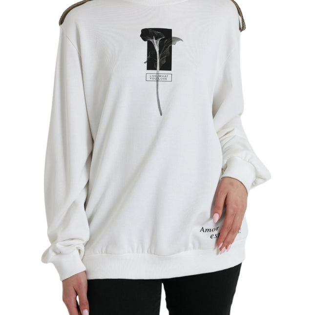 Dolce & Gabbana White Floral Cotton Crew Neck Pullover Sweater