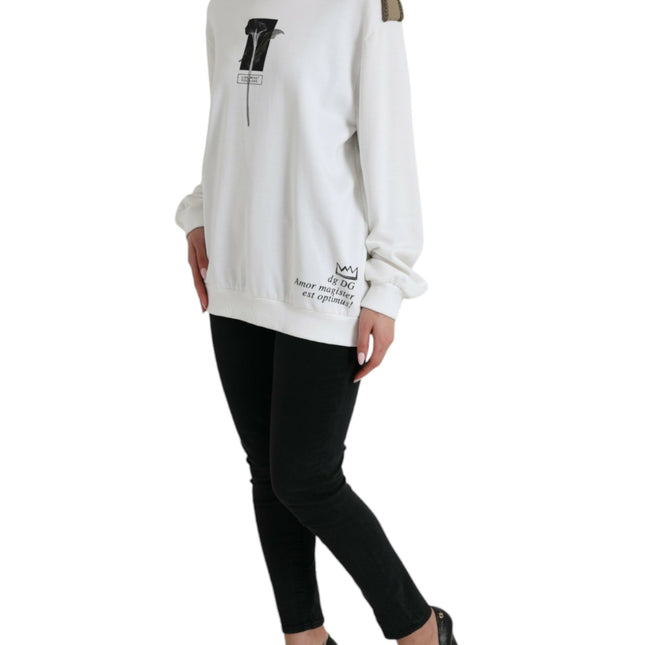 Dolce & Gabbana White Floral Cotton Crew Neck Pullover Sweater