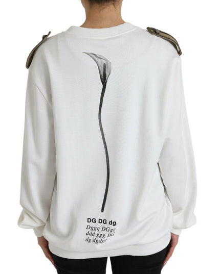 Dolce & Gabbana White Floral Cotton Crew Neck Pullover Sweater