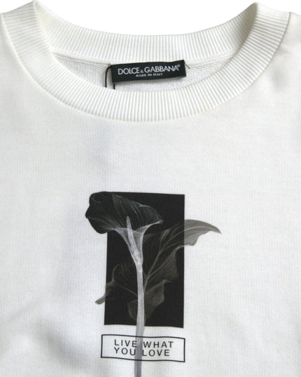 Dolce & Gabbana White Floral Cotton Crew Neck Pullover Sweater