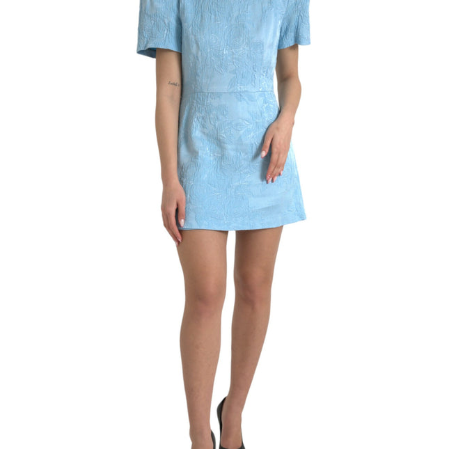 Dolce & Gabbana Light Blue Floral Jacquard Puff Sleeve Mini Dress