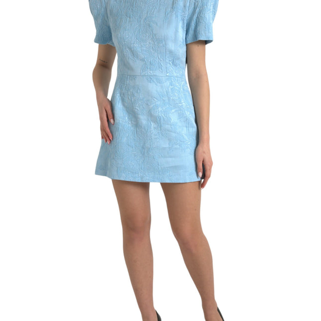 Dolce & Gabbana Light Blue Floral Jacquard Puff Sleeve Mini Dress