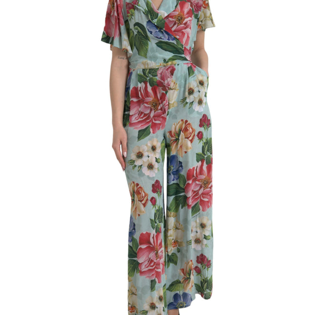 Dolce & Gabbana Blue Floral Wide Leg Wrap Jumpsuit Dress