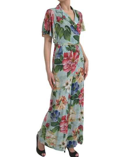 Dolce & Gabbana Blue Floral Wide Leg Wrap Jumpsuit Dress