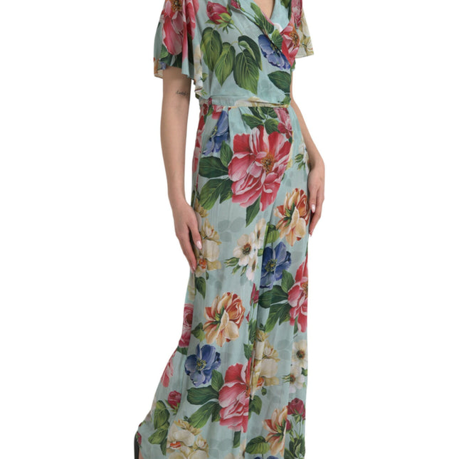 Dolce & Gabbana Blue Floral Wide Leg Wrap Jumpsuit Dress