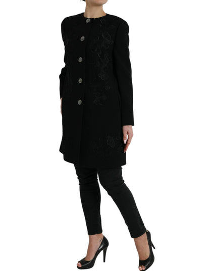 Dolce & Gabbana Black Floral Wool Button Embellished Jacket