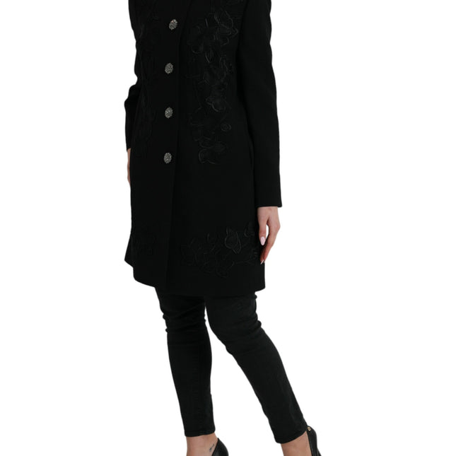Dolce & Gabbana Black Floral Wool Button Embellished Jacket