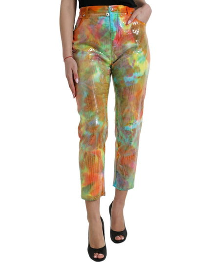 Dolce & Gabbana Multicolor Tie Dye Sequined High Waist Cropped Pants