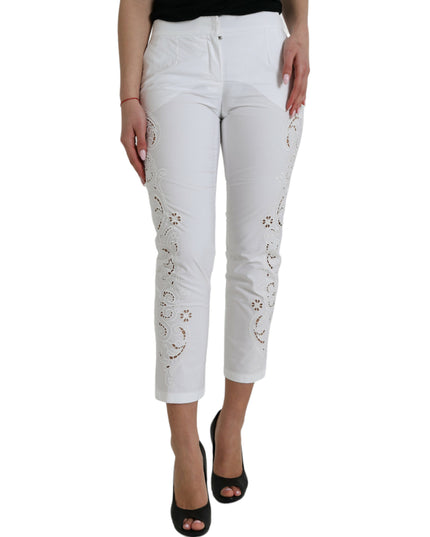 Dolce & Gabbana White Cut Out Cotton Mid Waist Cropped Pants