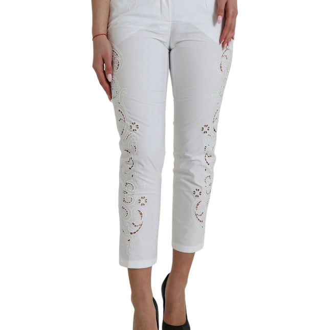 Dolce & Gabbana White Cut Out Cotton Mid Waist Cropped Pants
