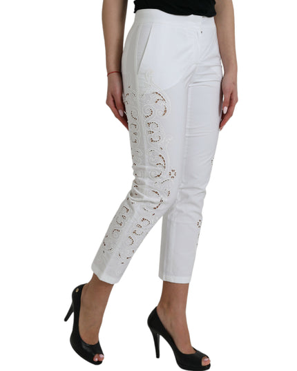 Dolce & Gabbana White Cut Out Cotton Mid Waist Cropped Pants