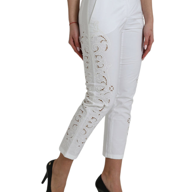 Dolce & Gabbana White Cut Out Cotton Mid Waist Cropped Pants