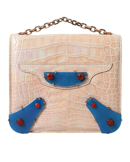 Balenciaga Beige Blue Agate Exotic Leather Gold Chain Purse Bag