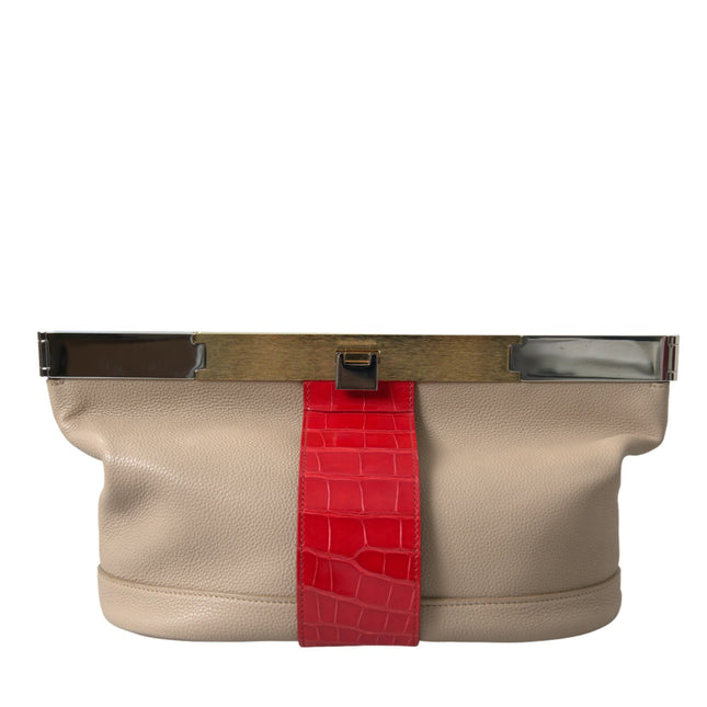 Balenciaga Beige Red Two Tone Exotic Leather Pouch Bag