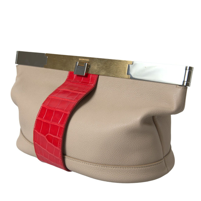 Balenciaga Beige Red Two Tone Exotic Leather Pouch Bag