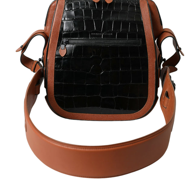 Balenciaga Black Brown Exotic Skin Leather Vertical Crossbody Purse Bag